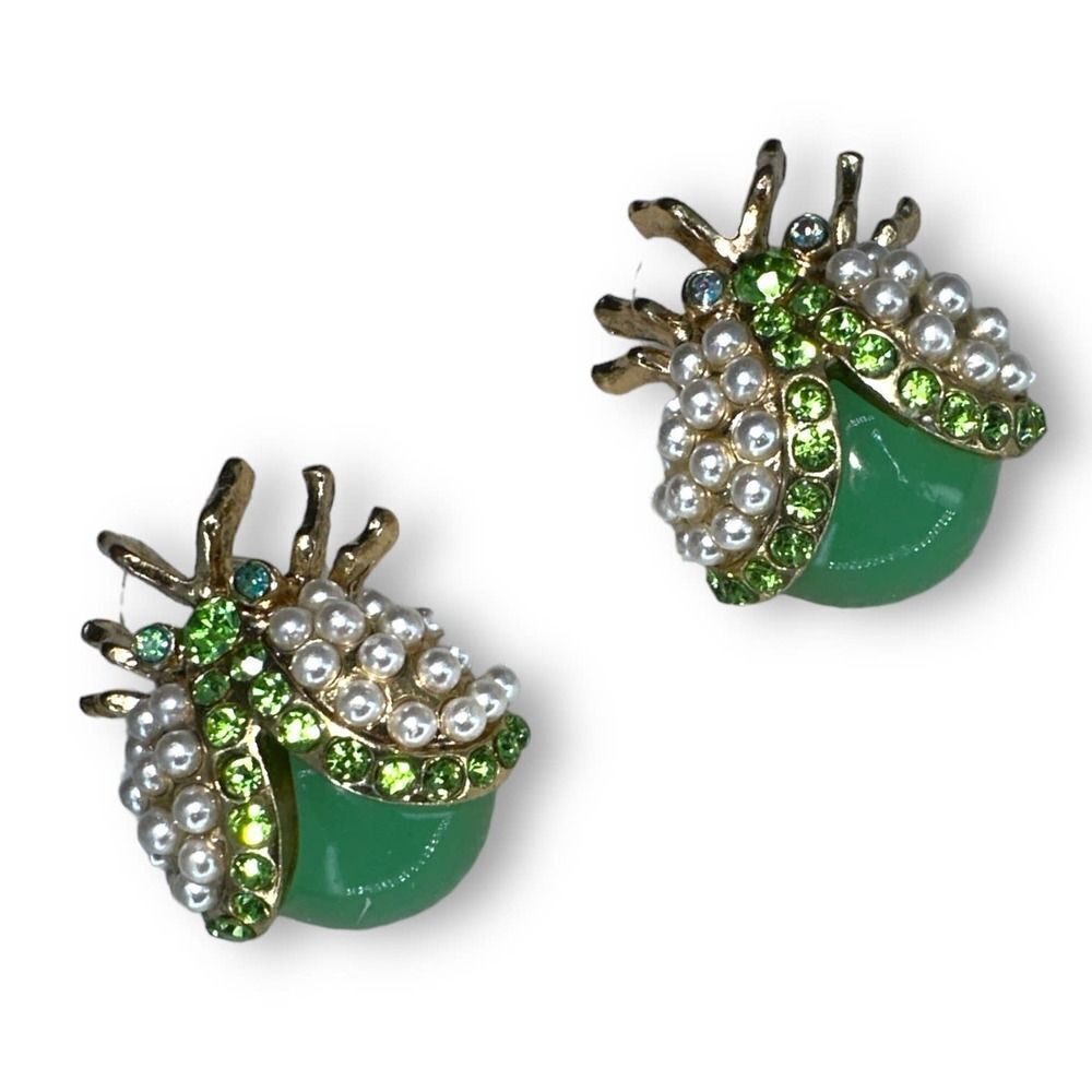 Bug Stud Earring Faux Pearl Green Acrylic Cabochon Gold Tone